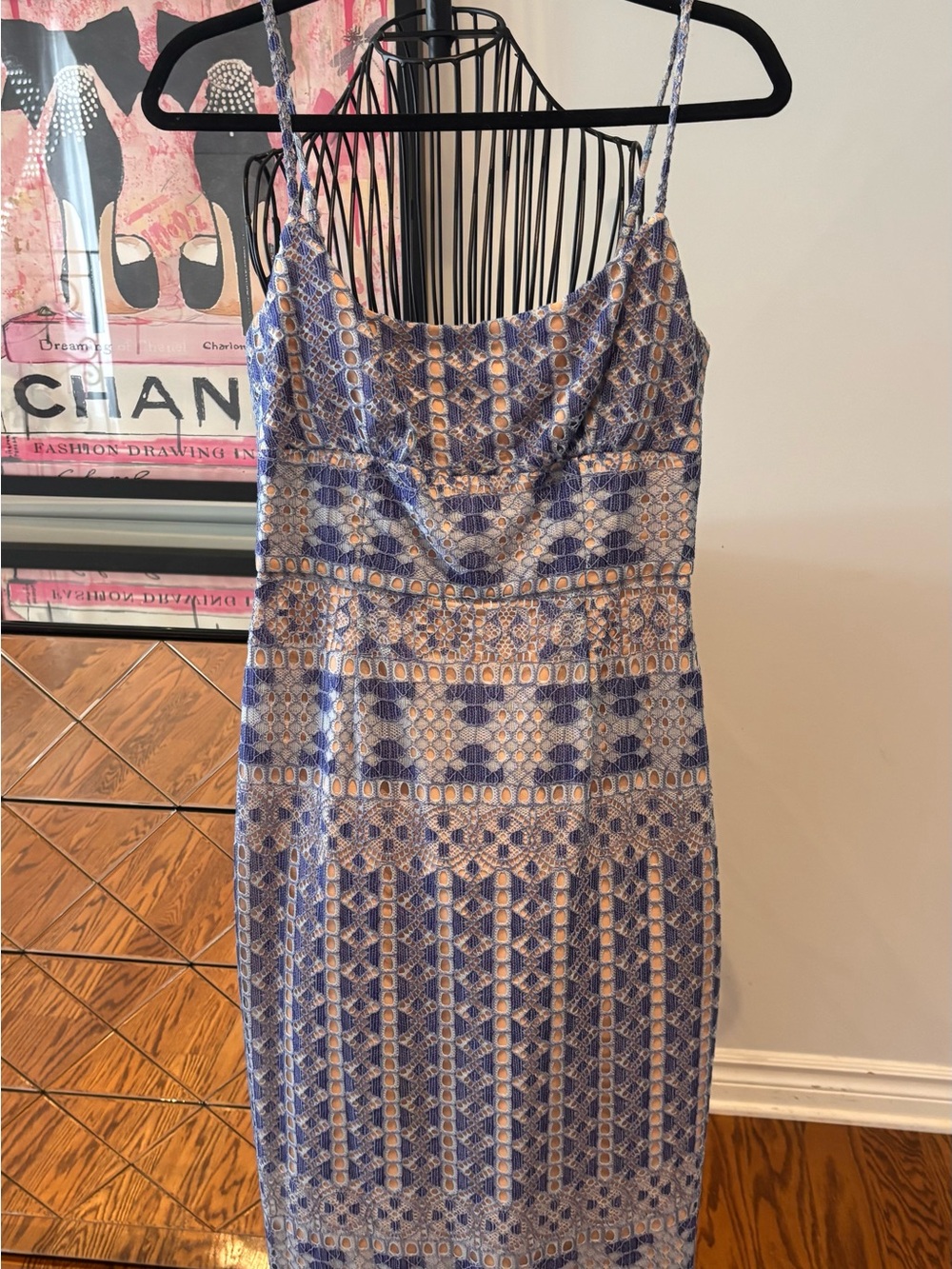 BCBGMaxAzria Blue and Cream Lace-Pattern Midi Dress